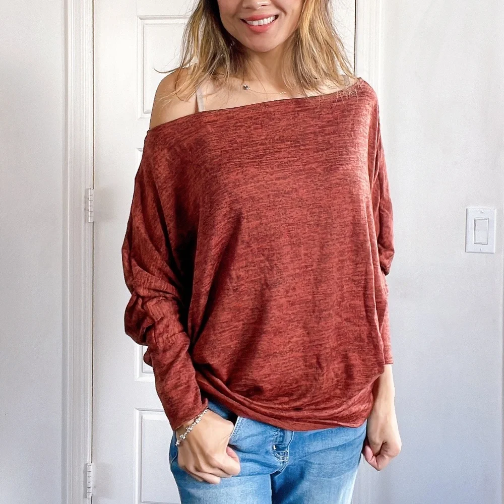 064 Cozy Off Shoulder Dolman Sleeve Oversized Top - Picture 3 of 8